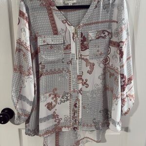 Cato White and Gray Cuffed Sleeve Blouse